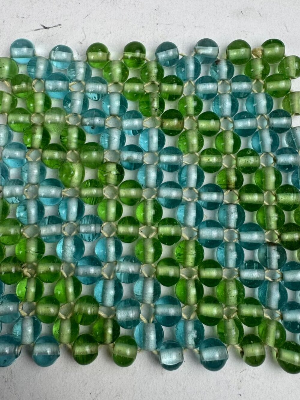 Vintage Woven Glass Bead Drink Coaster Mat Blue Green Handcrafted Trivet 4"